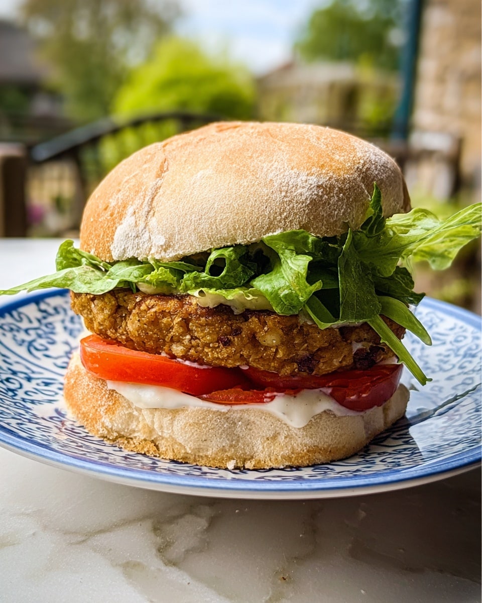 A close-up view of a sandwich on a white plate with blue patterns, placed on a white marbled surface. The sandwich has four layers: the top layer is a soft, light beige bun with a slightly cracked crust; underneath is a layer of fresh, bright green leafy lettuce with a ruffled texture; below the lettuce is a thick, golden brown patty that looks crispy and textured; below the patty, there are two slices of red tomato with smooth skin, resting on a layer of white sauce that slightly spreads on the bottom bun which is similar in color and texture to the top bun. The background shows an outdoor scene blurred out. Photo taken with an iphone --ar 4:5 --v 7
