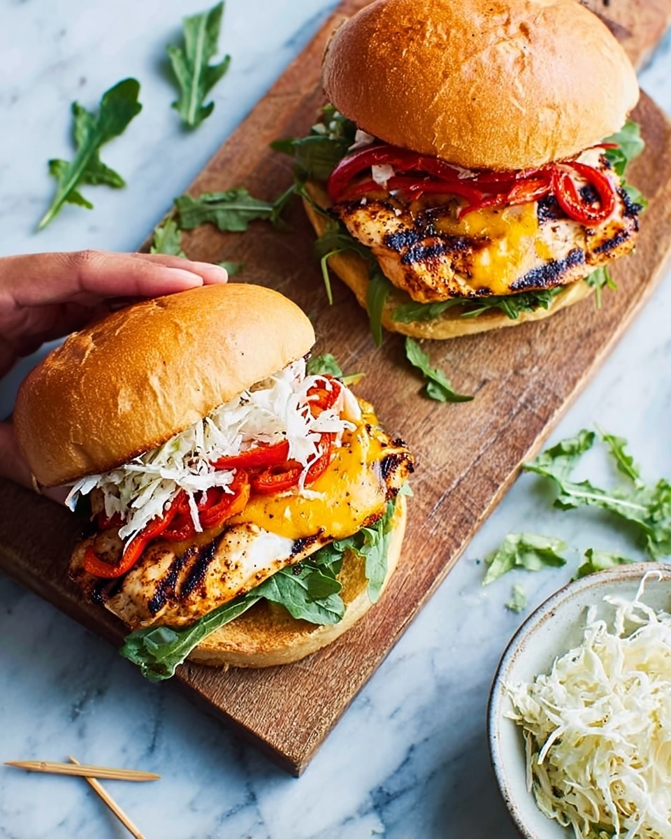 Two grilled chicken sandwiches are placed on a long wooden board set on a white marbled surface. Each sandwich has a soft, golden brown bun on top and bottom. The bottom bun holds layers of fresh green arugula leaves, a juicy grilled chicken breast with charred grill marks, melted yellow-orange cheese covering the chicken, and roasted red pepper strips. On top of the red peppers is some shredded white cheese. One sandwich is held by a woman's hand, adding a lively touch. To the side, there is a white bowl filled with shredded white cabbage or coleslaw. Scattered green arugula leaves and two wooden toothpicks are placed around the board. photo taken with an iphone --ar 4:5 --v 7