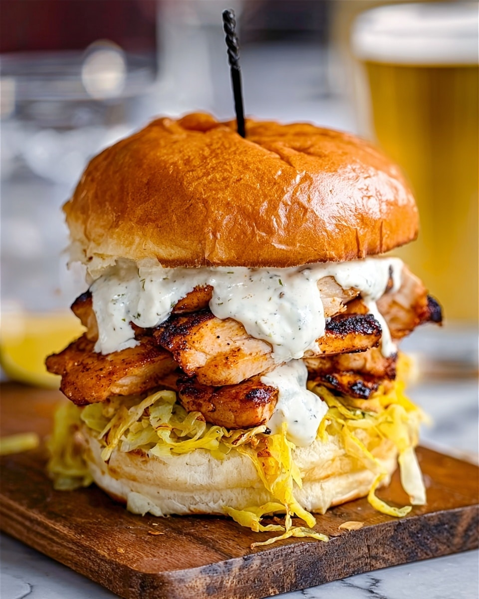 The image shows a tall sandwich on a soft, shiny, golden brown bun with three clear layers: the bottom layer is bright yellow shredded cabbage, the middle layer is several grilled chicken pieces with a slightly charred, brown skin, and the top layer is a thick white creamy sauce dripping over the chicken. The sandwich is held together by a black skewer and sits on a wooden board with a blurry glass of beer in the white marbled background. Photo taken with an iphone --ar 4:5 --v 7