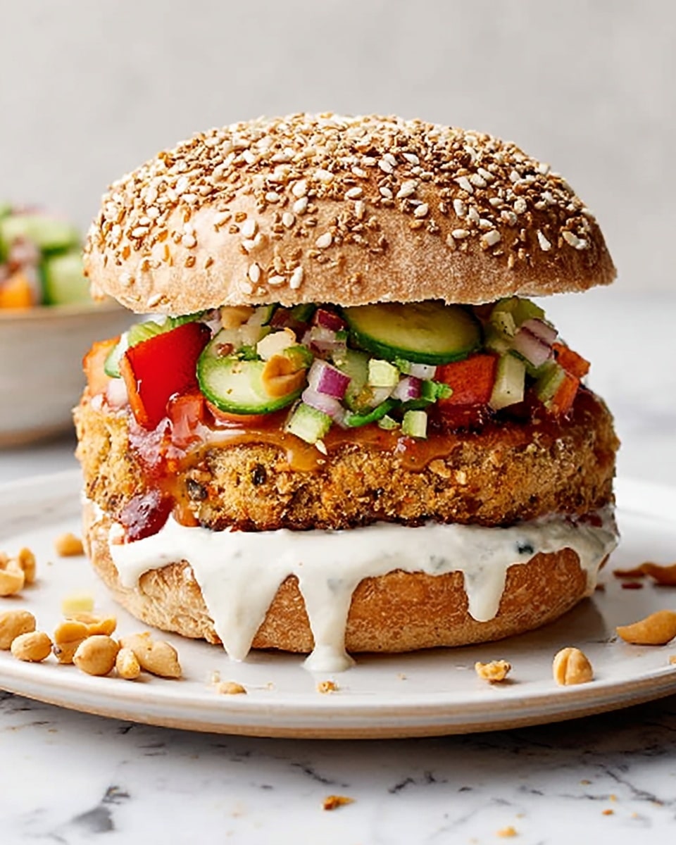 The image shows a sandwich with a sesame seed bun that has a light brown and slightly toasted top layer, sprinkled with sesame seeds and grains. Below the top bun, there is a layer of finely chopped fresh vegetables including red tomatoes, green cucumbers, and some onion slices. Beneath the vegetables is a thick, crispy, golden-brown fried patty. Under the patty, there is a thick spread of creamy white sauce that oozes out, serving as the bottom layer on top of the bottom bun, which is a slightly grainy seeded bread. The sandwich is placed on a white plate with some scattered peanuts and small vegetable pieces around it, all set on a white marbled surface. Photo taken with an iphone --ar 4:5 --v 7
