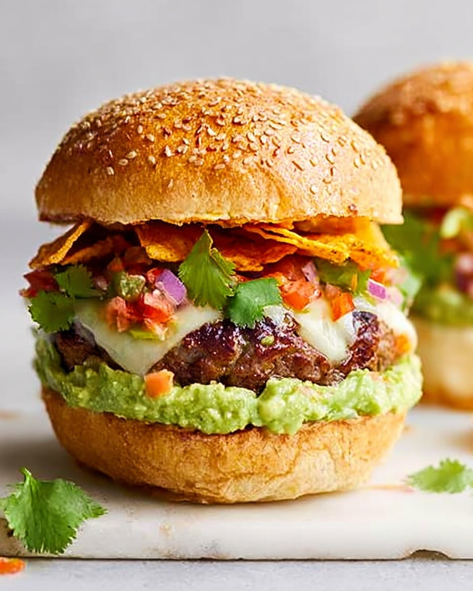 A close-up image of a thick burger on a white marbled surface, featuring a sesame seed bun with a soft, golden top layer. The bottom bun supports a layer of bright green guacamole, topped with diced red and orange tomatoes, and a melted layer of light cream cheese covering the juicy beef patty in the center. Above the patty, there are some fresh green cilantro leaves and a few crunchy orange tortilla chips peeking out slightly. The background is plain and soft, making the burger the main focus. Photo taken with an iphone --ar 4:5 --v 7