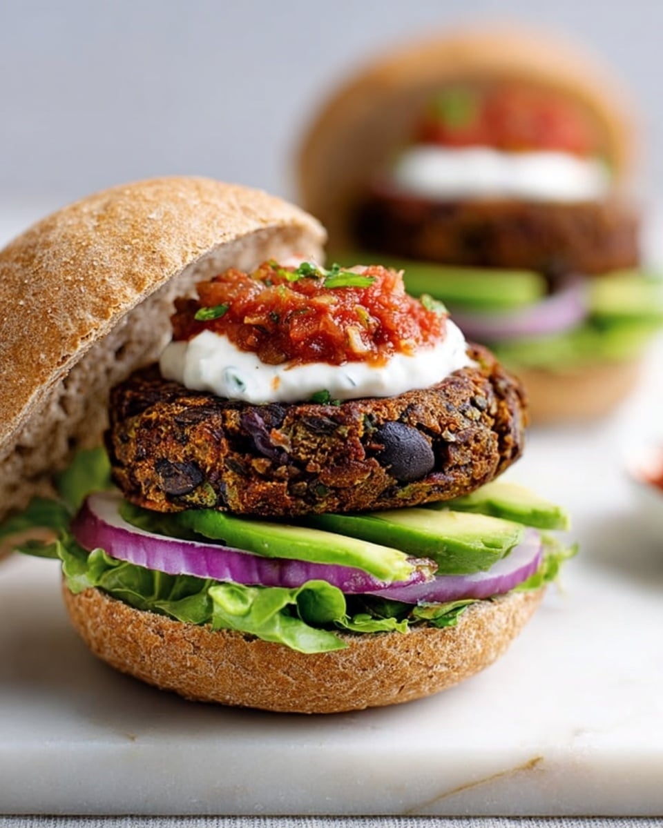 The image shows a sandwich made with a whole wheat bun on a white marbled surface. The bottom bun holds several layers: a base layer of green lettuce, followed by slices of light green avocado and thin purple onion rings. On top of these is a thick, dark brown patty with a rough texture, likely made of beans or vegetables. The patty is topped with a dollop of white sauce that looks creamy, and on top of that is a small spoonful of chunky red salsa. The top bun is slightly tilted back, revealing the layers inside. In the background, another similar sandwich is slightly blurred. Photo taken with an iphone --ar 4:5 --v 7