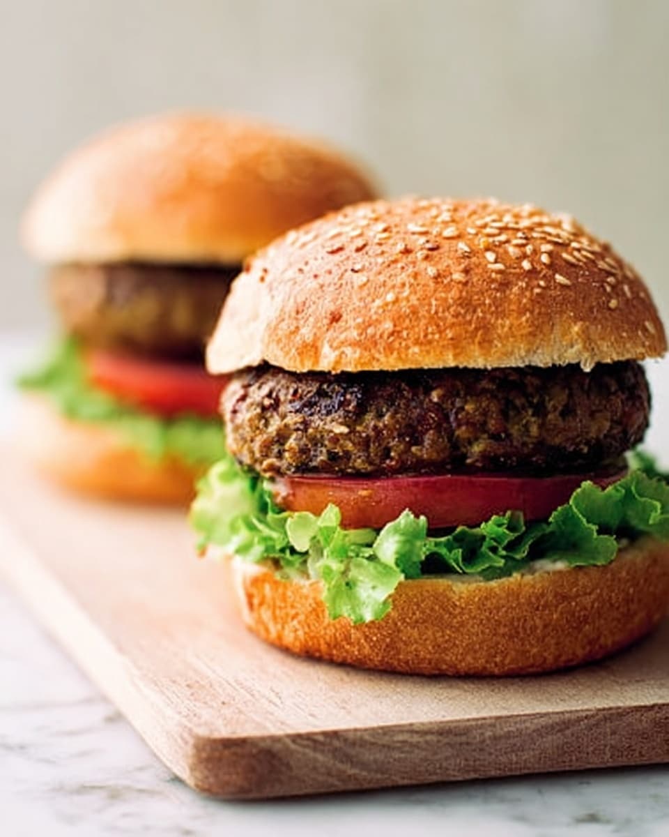 The image shows two hamburgers placed on a light wooden board over a white marbled surface. Each burger has three layers between a sesame seed bun: the bottom bun is golden brown, followed by fresh green leafy lettuce, then a bright red tomato slice, topped with a thick, dark brown grilled patty, and finished with the top sesame seed bun. The front burger is in clear focus, showing the texture of the patty and the fresh vegetables, while the second burger is slightly blurred in the background. The lighting is soft and natural, highlighting the colors and freshness of the ingredients. photo taken with an iphone --ar 4:5 --v 7