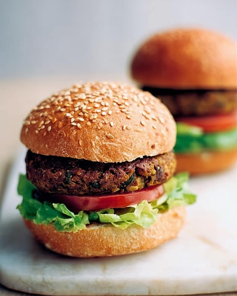 Two burgers are shown on a white marbled surface, both with sesame seed buns. The front burger has three layers: a green leafy lettuce at the bottom, a thick red tomato slice in the middle, and a dark brown veggie patty on top, all enclosed by a light brown sesame top bun. The second burger is blurred in the background with similar layers. The lighting is soft and natural, highlighting the texture of the patty and the freshness of the vegetables. Photo taken with an iphone --ar 4:5 --v 7