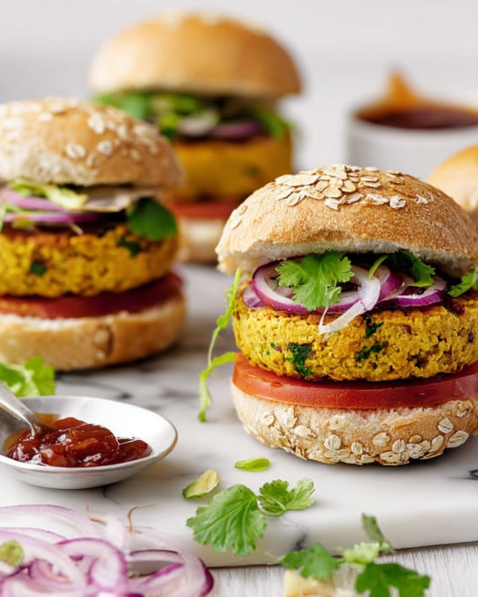 The image shows three layered veggie burgers on white buns with sesame seeds on a white marbled surface. Each burger has one round, golden-brown veggie patty with a slightly crumbly texture, topped with fresh green cilantro leaves and thin rings of purple onion. One burger in the front has a layer of bright red sauce dripping slightly on the patty and sits on a thick slice of red tomato. Two bowls with red sauce and a spoon, slices of purple onion, and fresh green cilantro are scattered around the burgers. A woman's hand holds one burger in the background. photo taken with an iphone --ar 4:5 --v 7