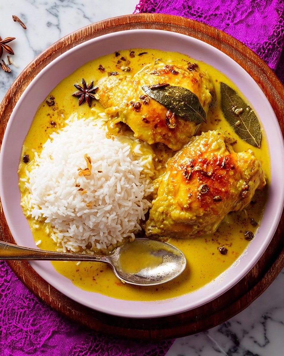 A white plate filled with two pieces of golden brown roasted chicken covered in thick yellow curry sauce, textured with visible spices like star anise and bay leaves. On the right side of the plate, there is a neat pile of fluffy white rice. A metal spoon rests on the rice, partially covered by some sauce. The dish sits on a wooden board placed on a white marbled surface with a purple cloth nearby. photo taken with an iphone --ar 4:5 --v 7
