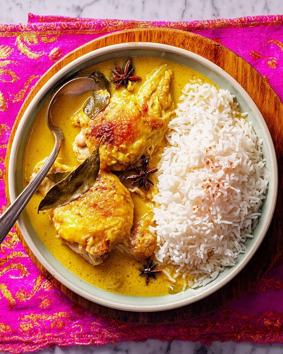 A shallow white plate holds a serving of white rice on the right side with individual grains clearly visible and fluffy in texture. On the left side, two pieces of cooked chicken with golden brown crispy skin rest in a thick yellow curry sauce. The curry includes visible spices like bay leaves and a star anise, adding texture and color contrast. A spoon rests partially dipped in the rice near the top edge of the plate. The plate sits on a wooden board with a bright pink fabric featuring gold patterns partially visible underneath, all set against a white marbled surface. Photo taken with an iphone --ar 4:5 --v 7