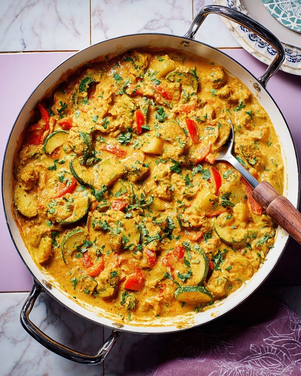 A round white pan with two silver handles contains a creamy curry with a thick, orange-yellow sauce. The dish is filled with multiple pieces of vegetables like green zucchini, red bell pepper, and chunks of potatoes, all coated in the sauce with visible green herbs sprinkled on top. A silver spoon with a wooden handle rests inside the pan, slightly stirring the curry. The pan sits on a white marbled surface with lavender and pink tiled sections around it. Photo taken with an iphone --ar 4:5 --v 7