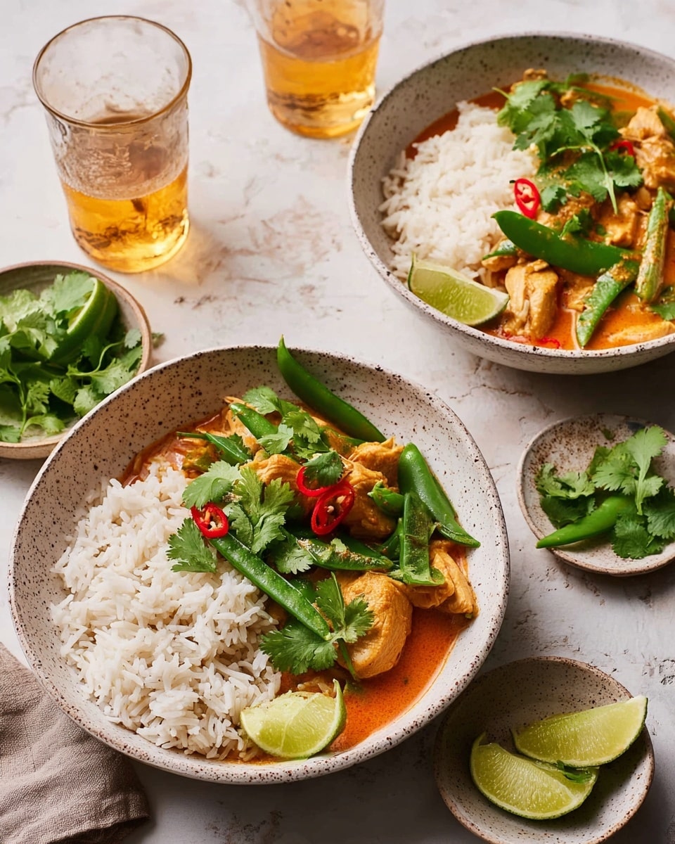 Two white speckled bowls are shown on a white marbled surface. Each bowl contains three layers: plain cooked white rice on one side with clusters of individual grains, orange-red curry sauce with tender pieces of chicken that show some texture and shape, and bright green snap peas scattered through the curry. On top, there are small red chili slices and fresh green cilantro leaves for garnish. Each bowl holds a green lime wedge resting on the edge of the rice. Around the bowls, there are small dishes with lime wedges and more cilantro leaves, plus two short clear glasses with light amber liquid, capturing a warm and fresh meal scene. photo taken with an iphone --ar 4:5 --v 7