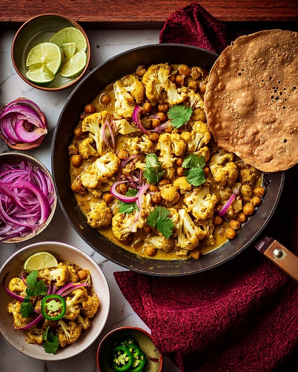 A dark pan holds a cooked dish made of light yellow cauliflower florets mixed with chickpeas and thin brown onion slices, all covered in a creamy, mustard-yellow sauce and scattered with fresh green cilantro leaves. To the bottom left of the pan, a white bowl contains a small serving of the same dish topped with bright green jalapeño slices and purple sliced onions, with a large round brown papadum resting on its edge. Surrounding the pan, there is a round white bowl with lime wedges, a small round white bowl of purple pickled onions, and a small round white bowl with sliced jalapeños and fresh cilantro on a white marbled textured surface, enhanced by a dark reddish cloth and wooden tray underneath. Photo taken with an iphone --ar 4:5 --v 7