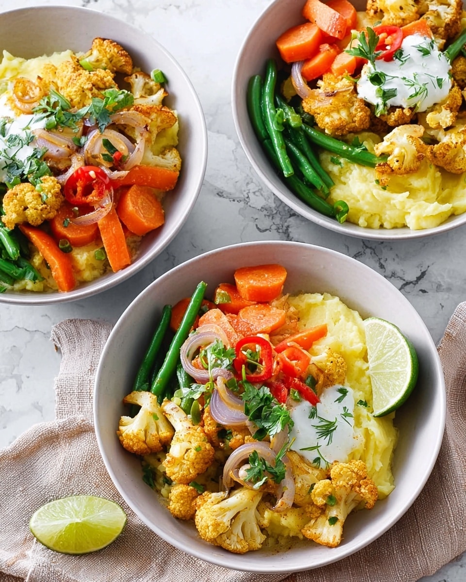 Three white bowls on a white marbled surface with a beige cloth nearby, each bowl filled with a colorful vegetable dish layered in three parts: the bottom layer is creamy yellow mashed potatoes, the middle layer consists of cooked green beans and orange carrot slices, and the top layer has roasted cauliflower pieces, onion slices, diced red tomatoes, chopped green herbs, and slices of fresh green chili. Each bowl is garnished with a dollop of white sauce with green herbs and a wedge of lime on the side or atop the vegetables. Photo taken with an iphone --ar 4:5 --v 7