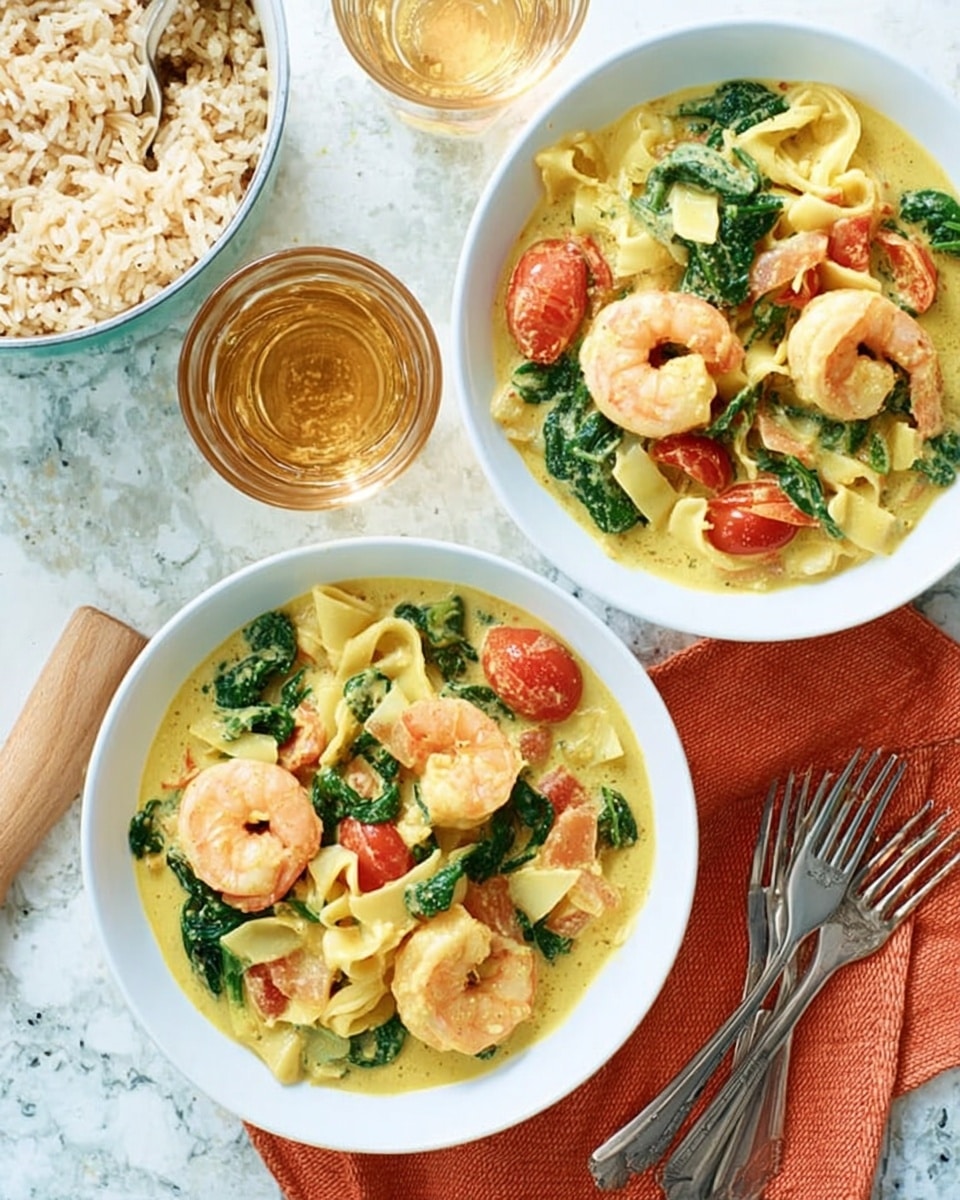 The image shows two white bowls filled with a creamy yellow curry containing shrimp, spinach leaves, cherry tomato halves, and flat pasta strips. The shrimp are pink and curved, sitting on top of the yellow sauce along with bright green spinach and red tomato slices, creating a colorful mix. Beside the bowls, there is a pot of brown rice set on an orange cloth, with a wooden spoon resting on the white marbled surface. Also visible are three silver forks stacked together near the bowls and two clear glasses, one filled with light amber liquid and the other with water, all placed on a white marbled background. Photo taken with an iphone --ar 4:5 --v 7