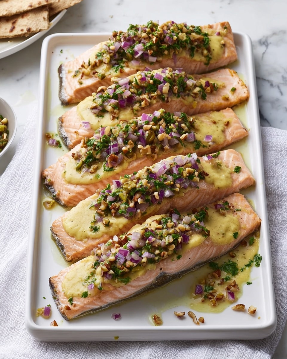 Four cooked salmon fillets are laid out on a white rectangular plate, placed on a white marbled surface with a white cloth underneath. Each fillet has a base layer of light pink salmon with a smooth, slightly flaky texture. On top of the salmon is a thick, creamy pale yellow sauce spread along the center. The final layer is a chopped topping consisting of finely diced purple onion, green herbs, and small brown crunchy nuts, sprinkled generously. There are some scattered pieces of the topping around the fillets on the plate. In the background, there are pieces of flatbread partly visible. Photo taken with an iphone --ar 4:5 --v 7