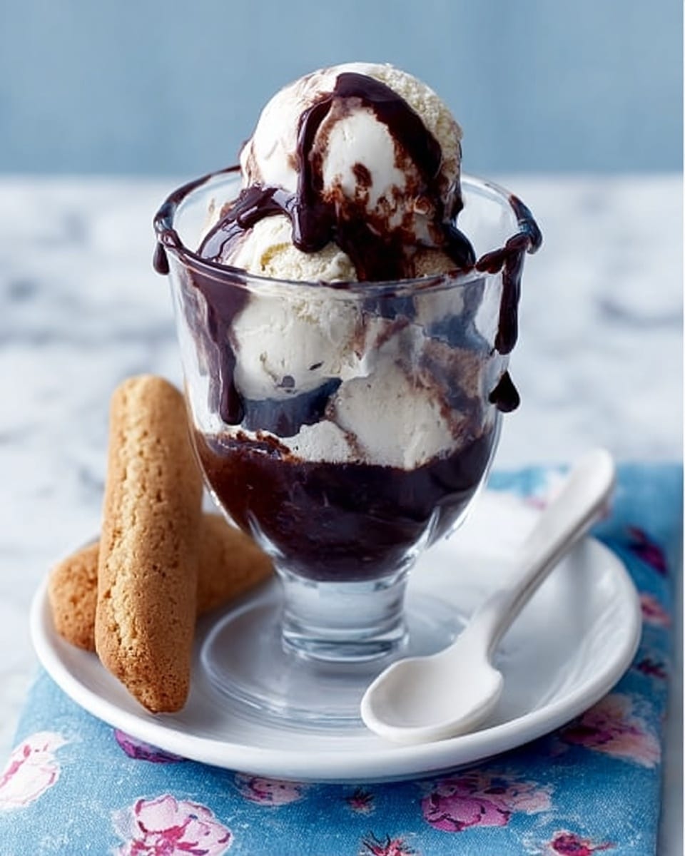 A clear glass cup filled with two layers, starting with a dark, thick chocolate sauce at the bottom and topped with scoops of smooth, white vanilla ice cream covered in more chocolate sauce dripping down. The cup sits on a white plate with a white spoon on the right side and two light brown biscotti cookies leaning against the cup. The surface underneath is white marble with a blue cloth that has small pink and white flower prints. Photo taken with an iphone --ar 4:5 --v 7