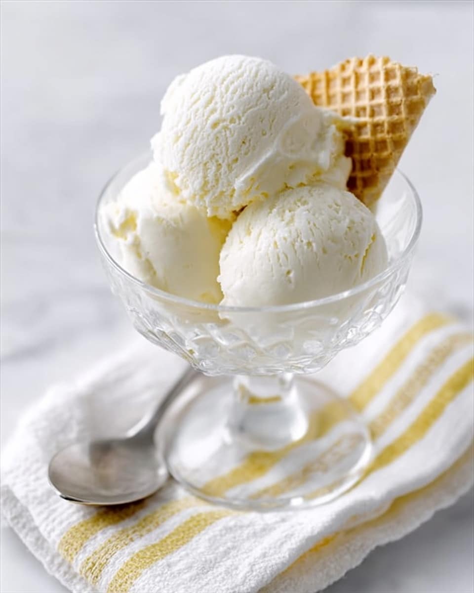 A clear glass dessert cup holds three smooth scoops of creamy white ice cream, stacked closely together with a delicate waffle piece tucked upright on the right side near the top scoop. The cup sits on a soft white cloth with yellow and gray stripes, placed on a white marbled surface. Next to the cup is a silver spoon, reflecting light gently, completing the clean and simple presentation. Photo taken with an iphone --ar 4:5 --v 7