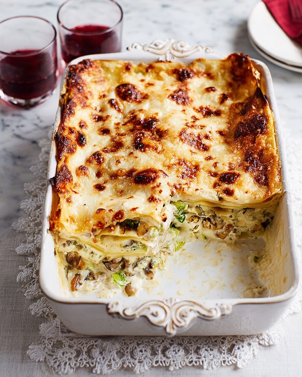 A white rectangular ceramic baking dish with ornate edges holds a layered lasagna. The top layer is golden brown with toasted cheese spots and slightly crispy edges. One corner is cut out, showing multiple layers beneath: creamy white sauce, light yellow cooked pasta sheets, and a mix of green vegetables and small pieces of mushrooms or nuts with creamy fillings. The dish sits on a white marbled surface with a faint lace tablecloth nearby. Two small glass cups with dark red liquid are partially visible in the background. Photo taken with an iphone --ar 4:5 --v 7