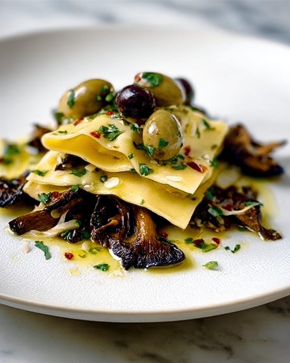 The image shows a dish on a white plate set on a white marbled surface. There are two layers of light yellow pasta sheets slightly folded on top of each other, with a few small green olives scattered on the top layer. Around and beneath the pasta, there are several pieces of dark brown, textured mushrooms. Small green herbs and tiny red flakes are sprinkled over the pasta and olives, and there is a light drizzle of golden oil on top, creating a shiny effect. The overall look is fresh and rustic with a mix of smooth and rough textures. photo taken with an iphone --ar 4:5 --v 7