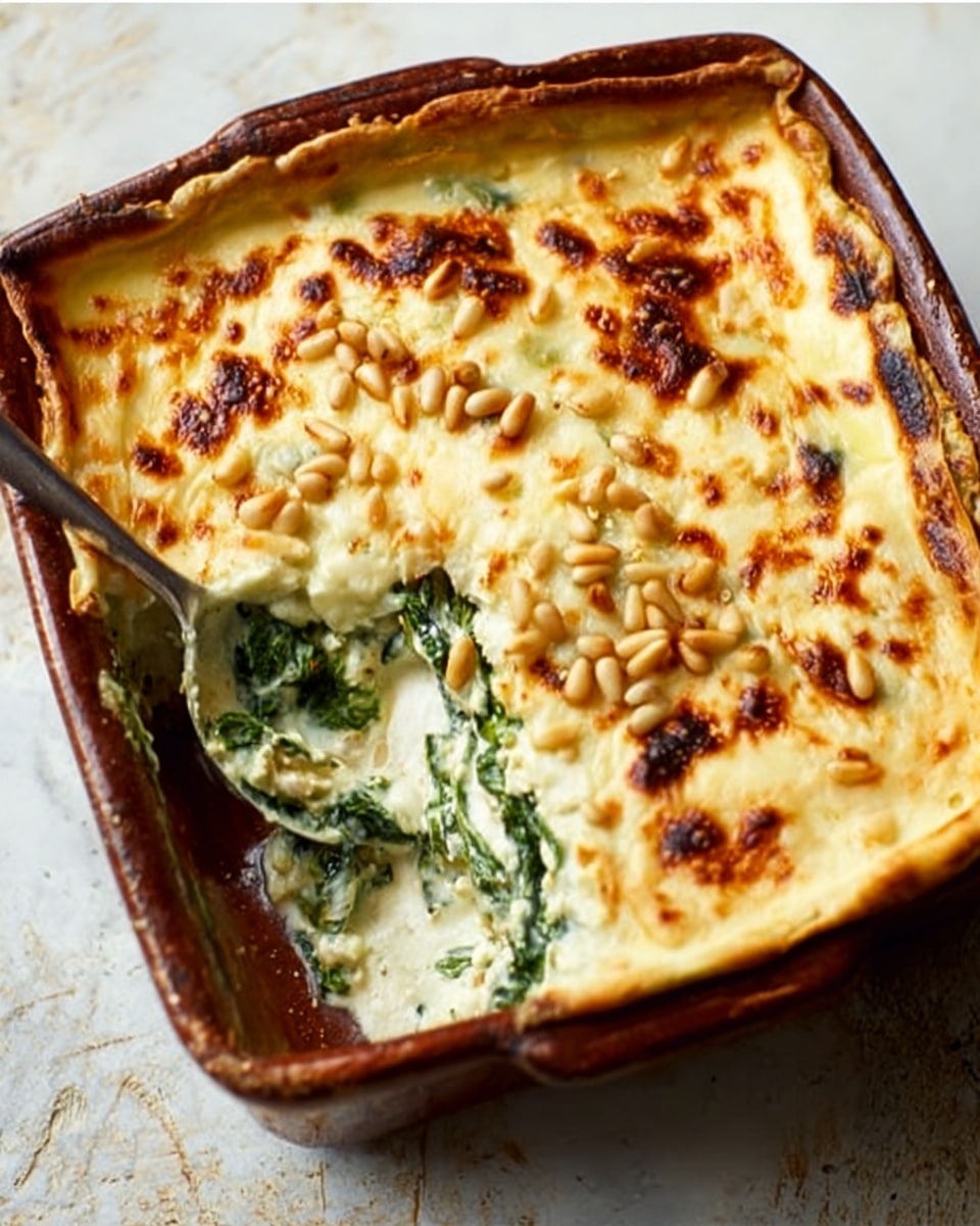 A baked dish in a brown ceramic square baking dish with a golden melted cheese layer on top, lightly browned in spots, and sprinkled with pine nuts evenly across the surface. A corner piece is missing, showing a creamy white and green spinach and cheese filling inside. The edges have a slightly puffed, pale crust. The baking dish sits on a white marbled texture surface with a spoon placed nearby. Photo taken with an iphone --ar 4:5 --v 7
