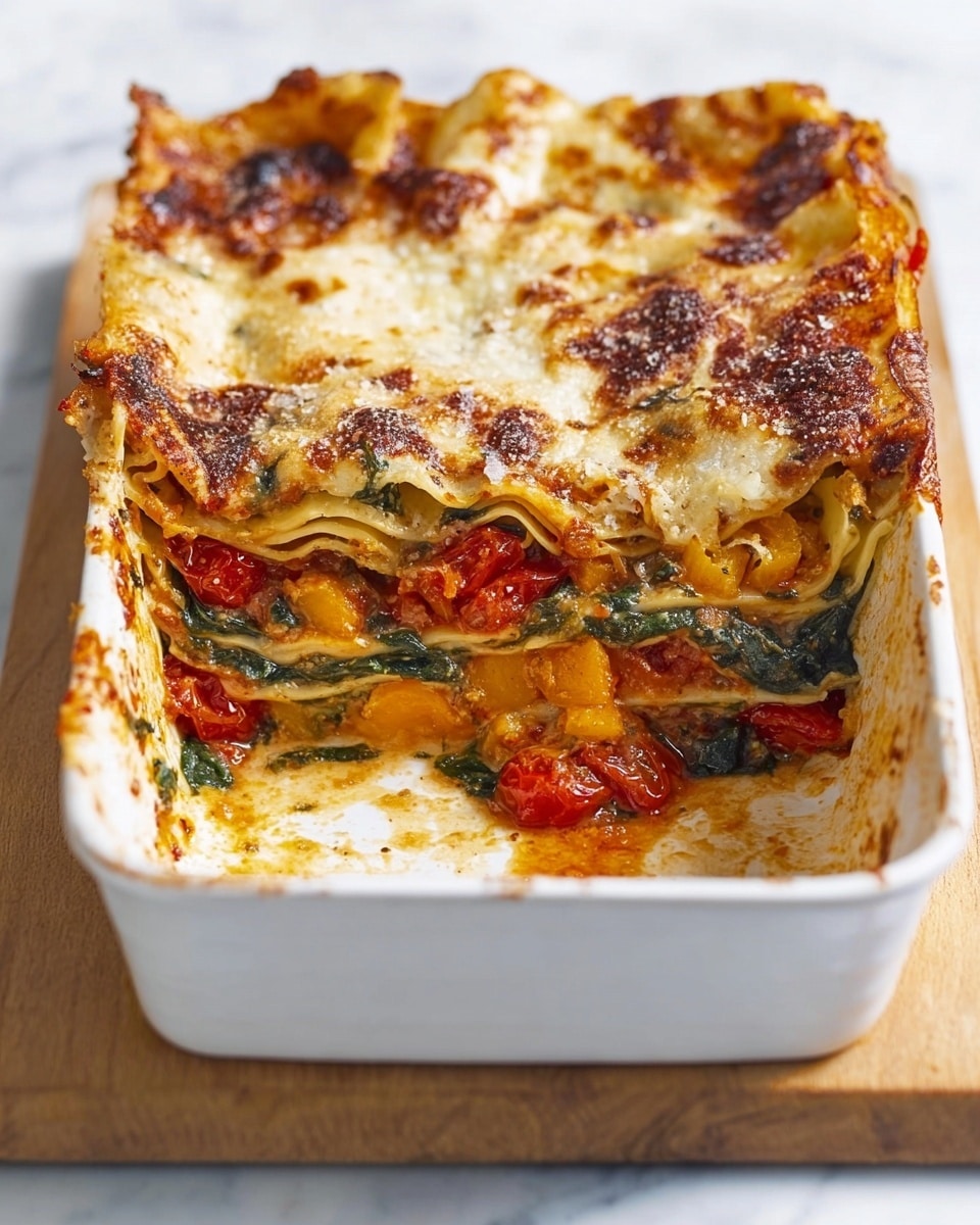 The image shows a white rectangular baking dish filled with a layered lasagna. The top layer is golden brown with melted cheese that has a slightly bubbly and browned texture. The exposed inner layers reveal a bright mix of roasted cherry tomatoes, cooked spinach, and chunks of orange vegetables, likely pumpkin or squash, resting on a sauce-covered pasta layer. The dish has at least four visible layers, with some sauce and tomatoes oozing out around the cut section. The dish sits on a light wooden board with a white marbled surface beneath. Photo taken with an iphone --ar 4:5 --v 7