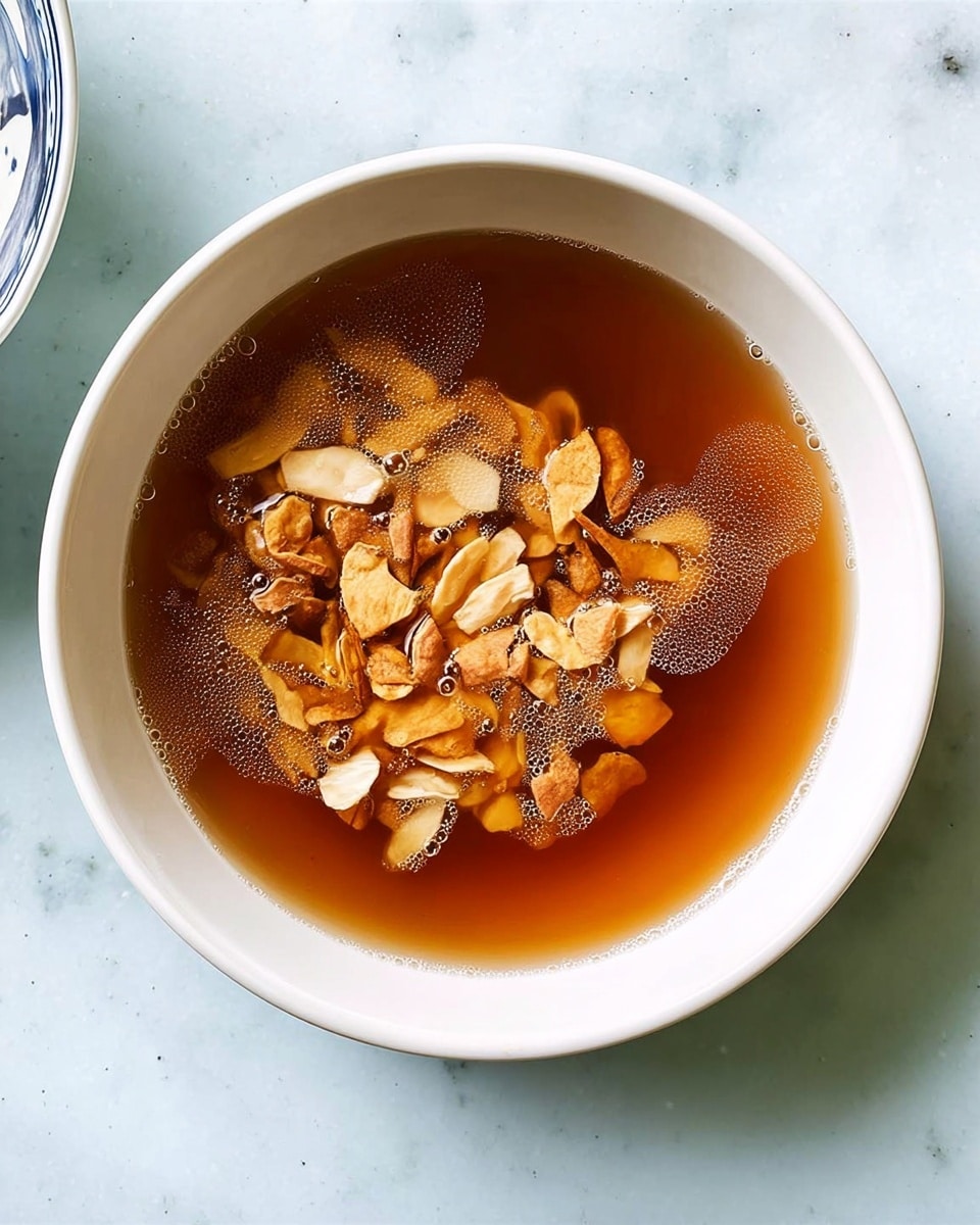A white bowl filled with a clear brown broth with small bubbles around the edges. Inside the broth, there are two layers of ingredients: a bottom layer of small chopped light beige pieces, and a top layer of larger light brown dried chips, all floating gently in the liquid. The bowl sits on a white marbled surface. photo taken with an iphone --ar 4:5 --v 7