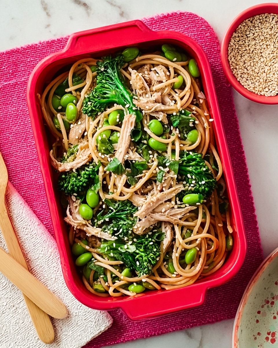 A rectangular red container filled with light brown spaghetti noodles mixed with green vegetables including broccoli florets and edamame beans, topped with small pieces of shredded chicken and sprinkled with white sesame seeds. The container is placed on a bright pink mat on a white marbled surface, with a white napkin and light wooden fork on the left, and a small red bowl filled with sesame seeds on the top right. photo taken with an iphone --ar 4:5 --v 7