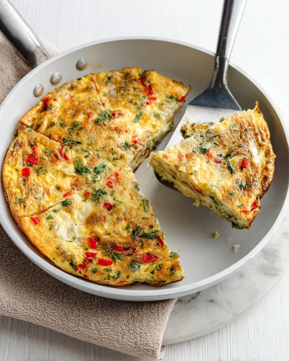 A white pan holds a round, golden-brown frittata with visible bits of red pepper and green herbs on top. One triangular slice is lifted slightly in a silver spatula, showing a soft, slightly creamy inside with layers of cooked vegetables and cheese mixed evenly. The frittata's edges have a crispy texture, while the center looks tender and moist. The pan sits on a round white surface with a soft beige cloth nearby, all set on a white marbled texture. Photo taken with an iphone --ar 4:5 --v 7