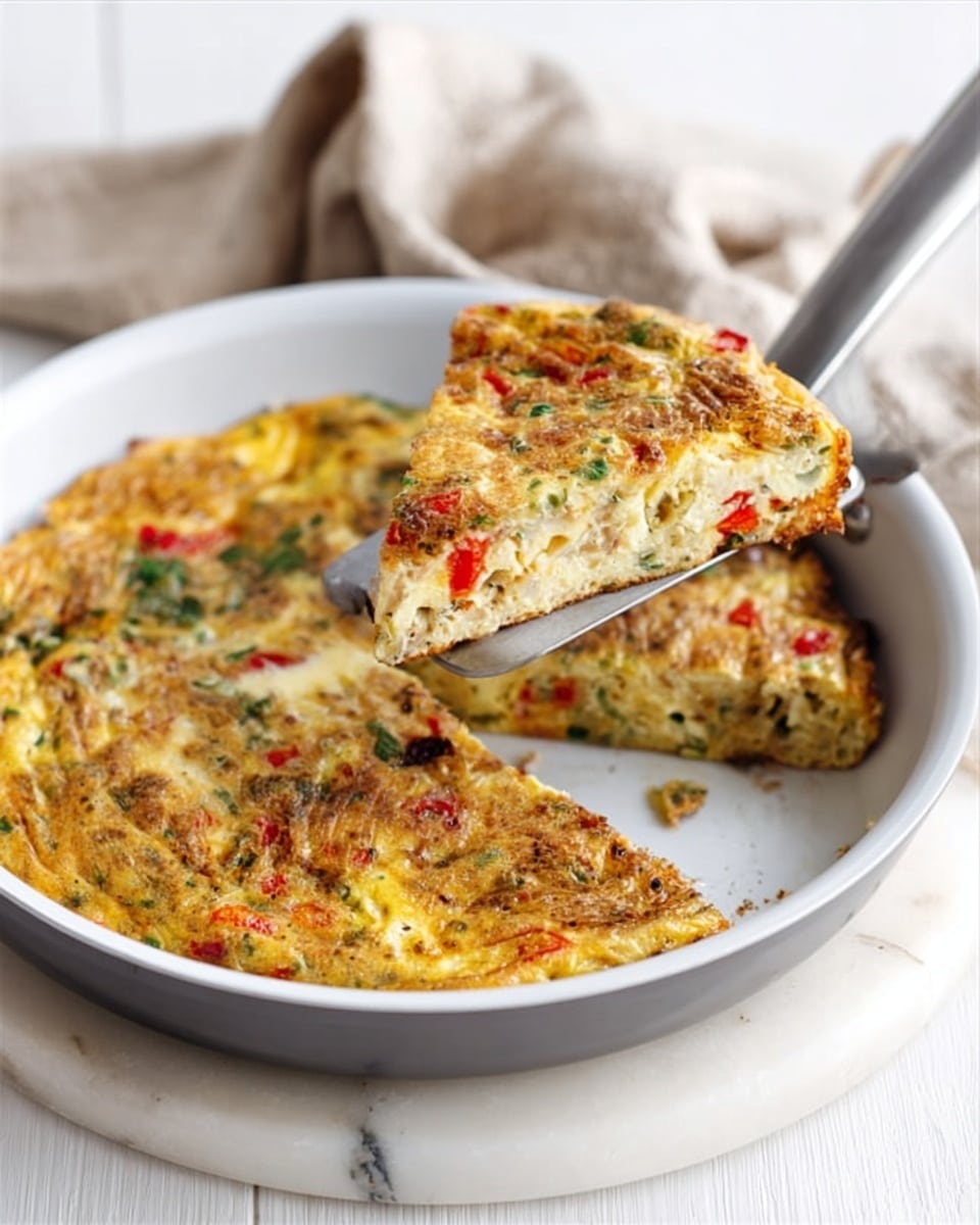 A white frying pan holds a cooked frittata with red and green vegetable pieces visible inside. One slice of the frittata, showing a thick yellow and light brown layer with bits of red and green, is lifted by a metal spatula, positioned over the pan. The pan rests on a white marbled surface and there is a soft beige cloth in the background. photo taken with an iphone --ar 4:5 --v 7