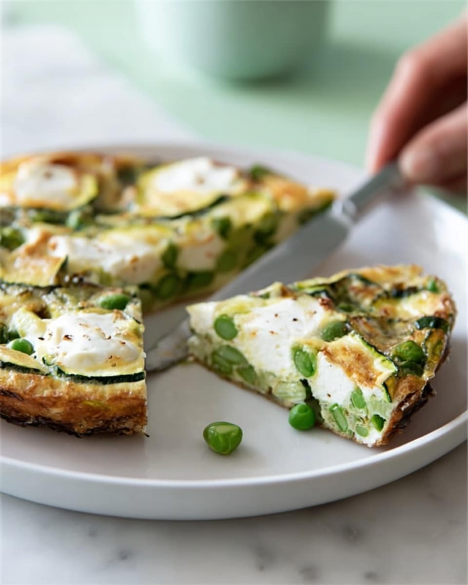 The image shows a white plate with two slices of a vegetable frittata placed on a white marbled surface. The frittata has three layers: the bottom layer is a light golden brown crust, the middle is filled with green vegetables like zucchini slices and peas, and the top layer has dollops of white melted cheese with a slightly browned texture. There is a silver knife resting on the right side of the plate and a woman's hand is reaching towards the slice closer to the front. The background is softly out of focus. photo taken with an iphone --ar 4:5 --v 7