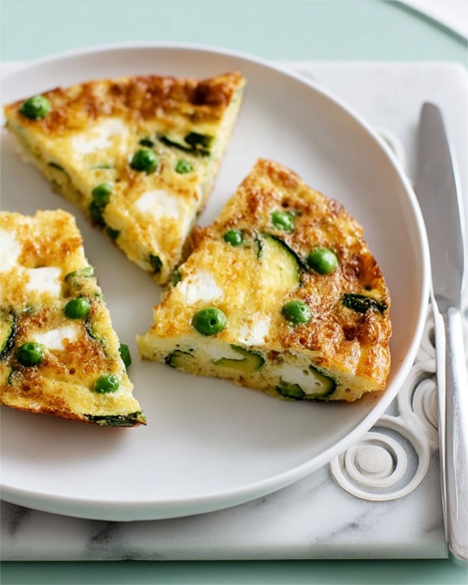 A close-up view of a white plate holding two slices of vegetable frittata. The frittata has a golden brown top layer with a slightly crispy texture, dotted with green peas and small white cheese pieces. Inside, there are visible green zucchini slices and a creamy egg base with a lightly firm texture. The plate sits on a white marbled surface with a circular white decorative placemat underneath. A silver knife is placed on the right side of the plate, partially on the surface. photo taken with an iphone --ar 4:5 --v 7