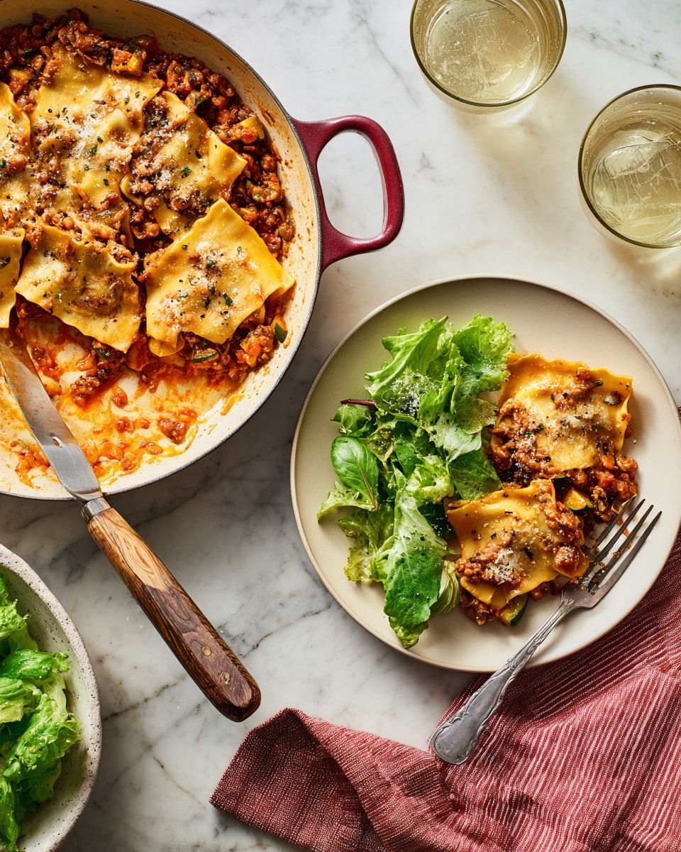 A white pan with a reddish-brown handle shows a partially eaten baked pasta dish with three visible layers: a base layer of orange-red tomato sauce mixed with diced zucchini and lentils, a middle layer of folded yellow pasta sheets, and a top layer of melted golden-brown cheese with specks of black pepper; next to it is a round white plate with a serving of the pasta layered similarly, topped with green leafy salad mix on the right side and a silver fork with a wooden handle on the left, all sitting on a white marbled surface with a folded red-striped cloth under the plate; in the upper right, there are two clear glasses with light-colored drinks and ice, and a white bowl with more leafy greens visible in the corner photo taken with an iphone --ar 4:5 --v 7