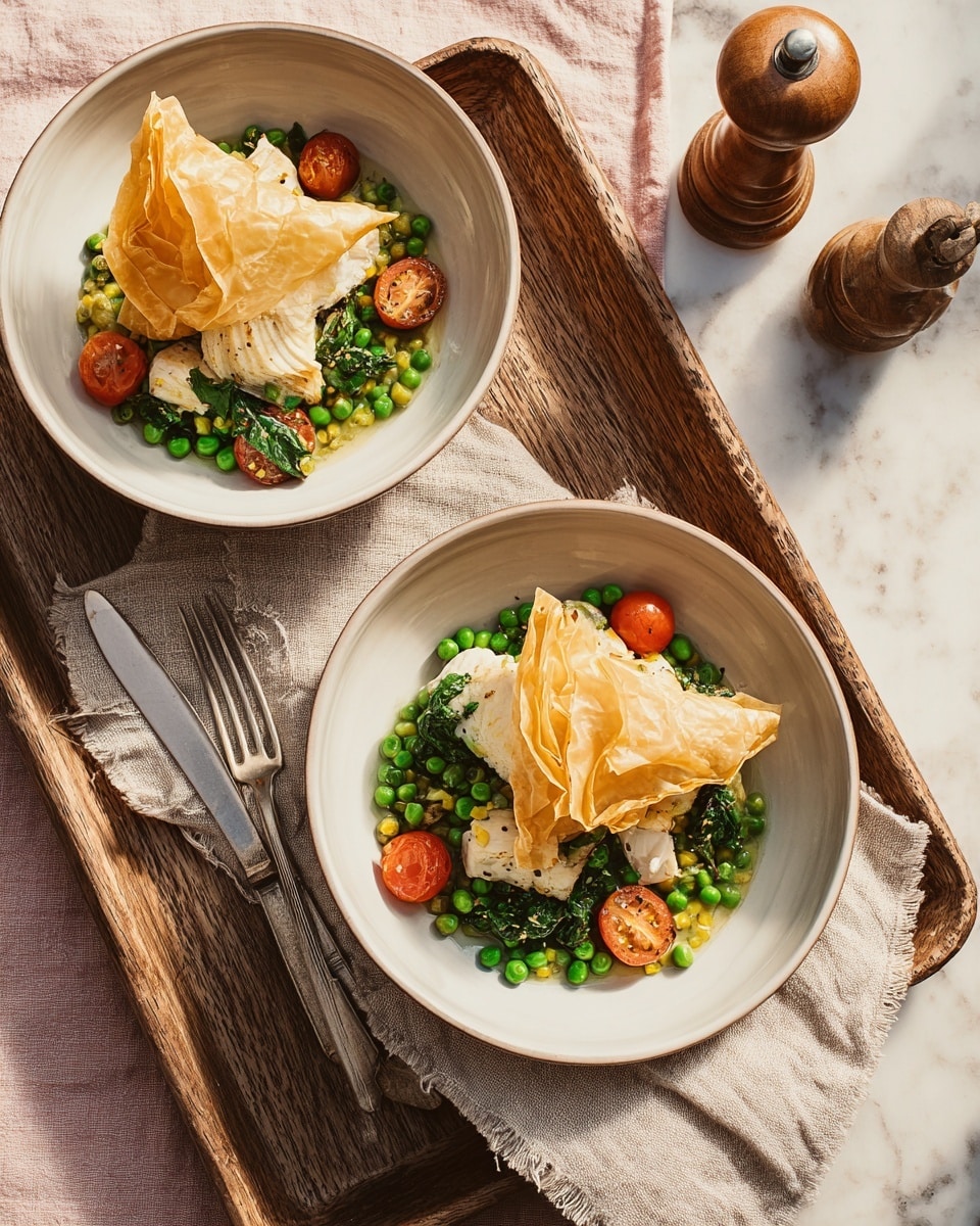 Two white shallow bowls sit on a wooden serving tray with a beige cloth underneath one bowl, all placed on a white marbled textured surface over a pink fabric. Each bowl contains a dish with three main layers: at the bottom, there are green peas and whole roasted cherry tomatoes mixed with torn white fish pieces and dark green leafy herbs. On top, two golden brown, crispy, folded pastry pouches add height and texture. To the left of the tray, a knife and fork rest next to a wooden pepper grinder. The lighting is bright and natural, highlighting the colors and textures of the dish. photo taken with an iphone --ar 4:5 --v 7