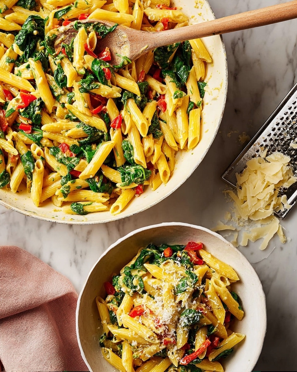 A white skillet filled with cooked yellow penne pasta mixed with vibrant green spinach leaves and red diced bell peppers sits on a white marbled surface. A wooden spoon rests on the skillet with some pasta and greens on it. Below, a white bowl holds a serving of the same pasta mixture, topped with a sprinkle of grated pale yellow cheese. To the right of the bowl, some grated cheese pieces are scattered near a metallic grater. A soft, light pink cloth is partially visible near the skillet's handle. photo taken with an iphone --ar 4:5 --v 7