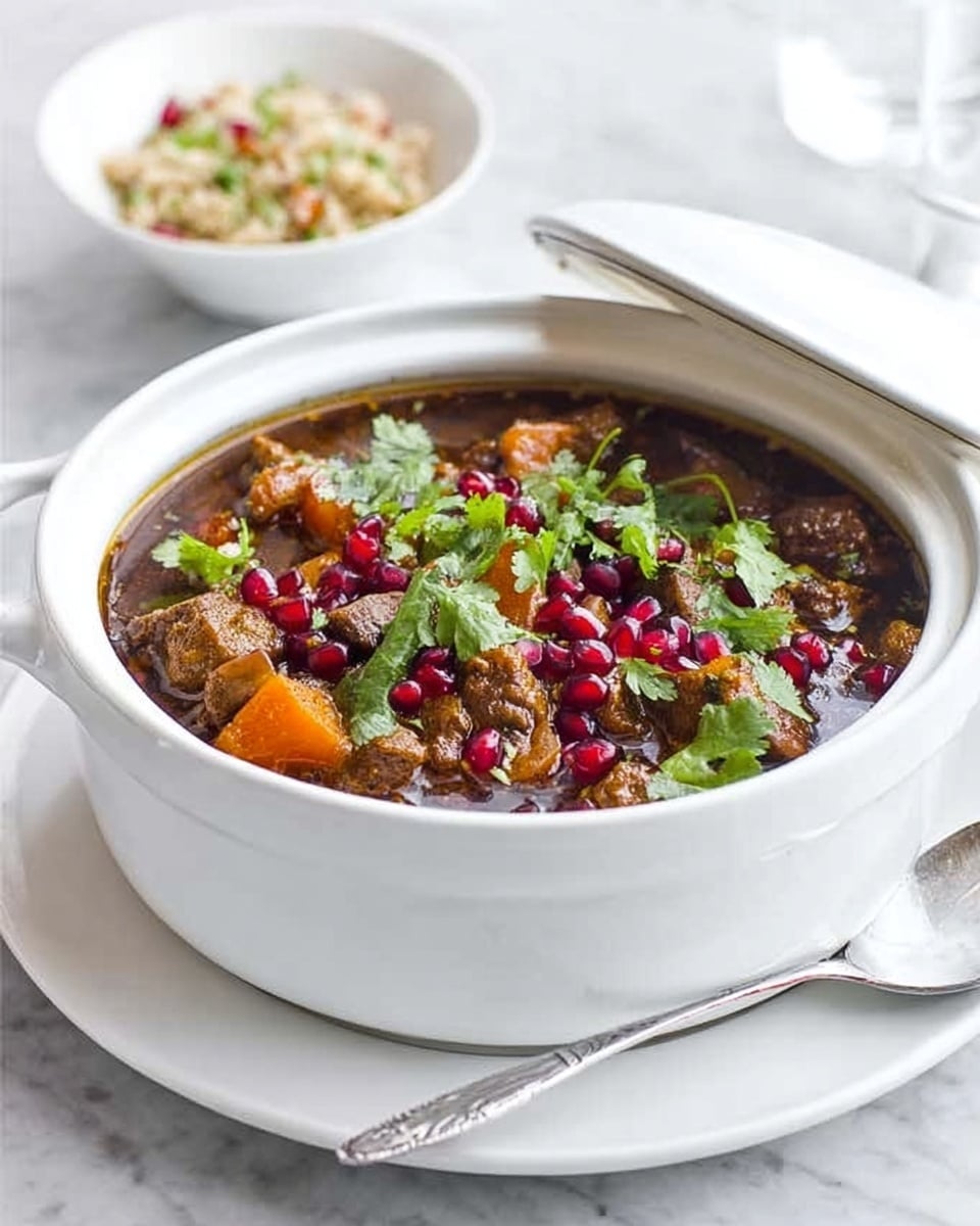 A white round bowl with a lid tilted open shows a thick stew inside. The stew has brown chunks of meat mixed with orange pieces of cooked vegetables, topped with fresh green cilantro leaves and dark red pomegranate seeds scattered over the surface. The broth looks rich and dark brown, filling about three-quarters of the bowl. The bowl sits on a white plate, and a silver spoon is placed next to it on a white marbled surface. A woman's hand reaches toward the bowl from the top left corner. In the background, a white bowl with a light green grain dish is softly blurred. Photo taken with an iphone --ar 4:5 --v 7