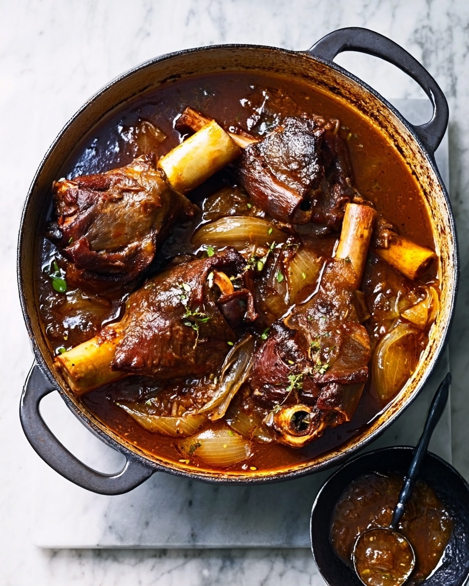 A round cooking pot filled with a rich, brown stew containing four large lamb shanks with visible bones sticking out; the lamb pieces are browned and cooked in a thick, glossy sauce with soft, translucent onion slices and chunks of cooked potatoes at the bottom. The pot sits on a white marbled surface, and next to it on the right is a black spoon resting in a small dark bowl holding some sauce. The stew looks hearty and slow-cooked with a mix of smooth and chunky textures. Photo taken with an iphone --ar 4:5 --v 7