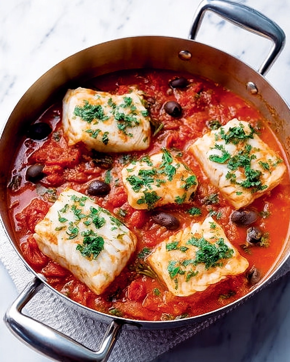The image shows a round silver pan with two handles filled with four pieces of white fish, placed on top of a thick red tomato sauce with visible chunks and mixed with black olives and green herbs. The fish pieces are pale with a soft texture, scattered evenly in the sauce that has a rich, slightly chunky look. Fresh chopped green herbs are sprinkled on top of both the fish and sauce, adding a fresh color contrast. The pan sits on a white marbled surface with a white textured mat underneath. photo taken with an iphone --ar 4:5 --v 7