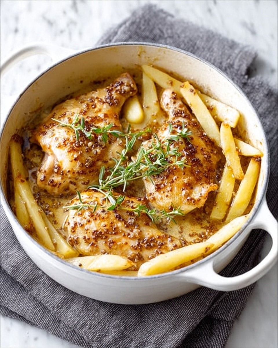A white pot with two handles holds a cooked dish consisting of two golden-brown chicken pieces on the bottom layer, topped with thick, pale yellow potato sticks scattered around and on the chicken. The chicken and potatoes are covered with small, grainy mustard seeds with a light sauce that glistens. Fresh green herb sprigs are placed on top, adding a touch of color and freshness. The pot sits on a folded dark gray cloth over a white marbled surface. Photo taken with an iphone --ar 4:5 --v 7