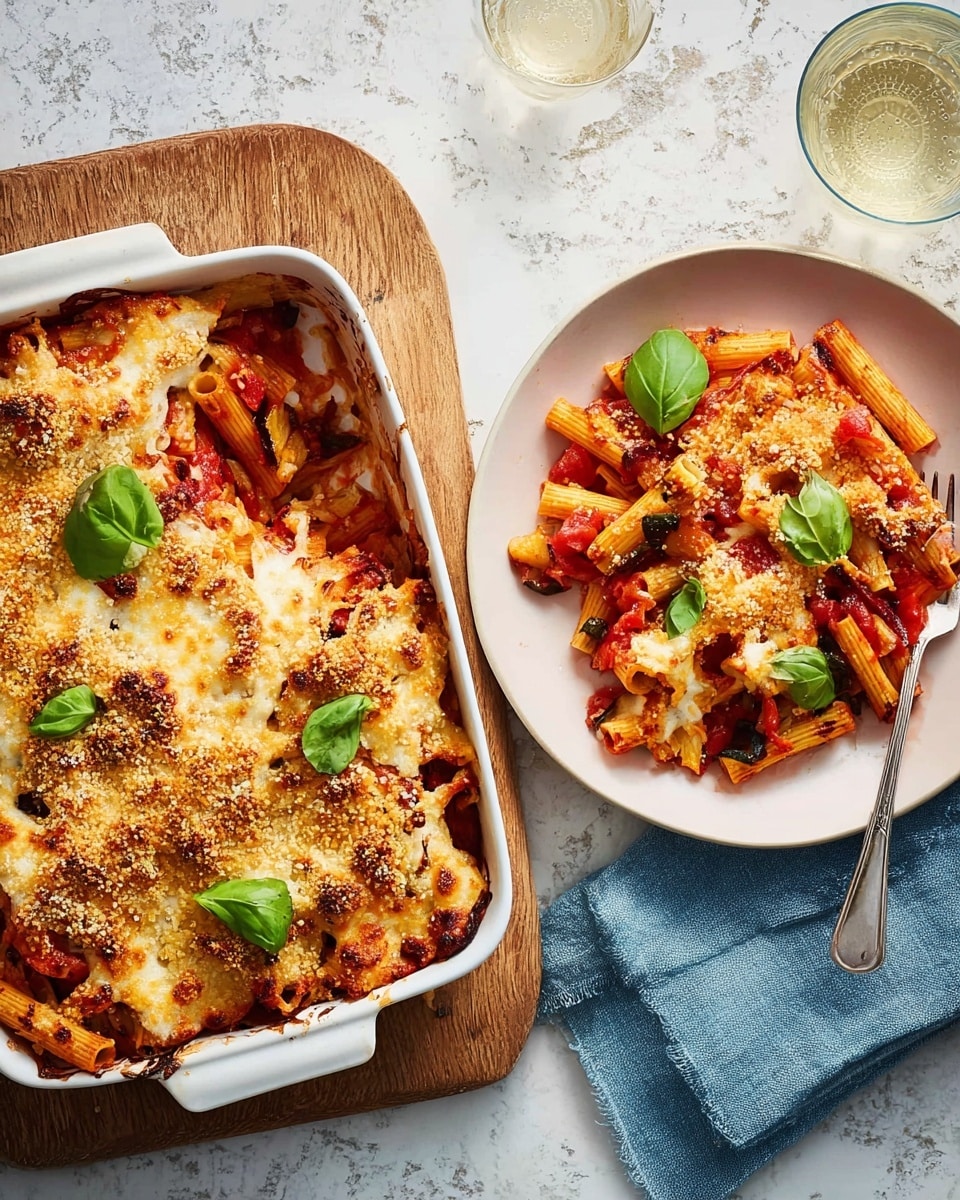 The image shows a white rectangular baking dish filled with baked pasta layered with red tomato sauce, chunks of vegetables, and topped with a golden-brown melted cheese crust sprinkled with breadcrumbs and fresh green basil leaves. To the right, a white round plate holds a serving of the pasta, showing red pasta tubes mixed with pieces of vegetables and topped with cheese and basil, with a silver fork resting on the plate's edge. In the top right corner, a clear glass is filled with a light drink. The dishes are placed on a white marbled textured surface with a blue cloth napkin nearby. Photo taken with an iphone --ar 4:5 --v 7