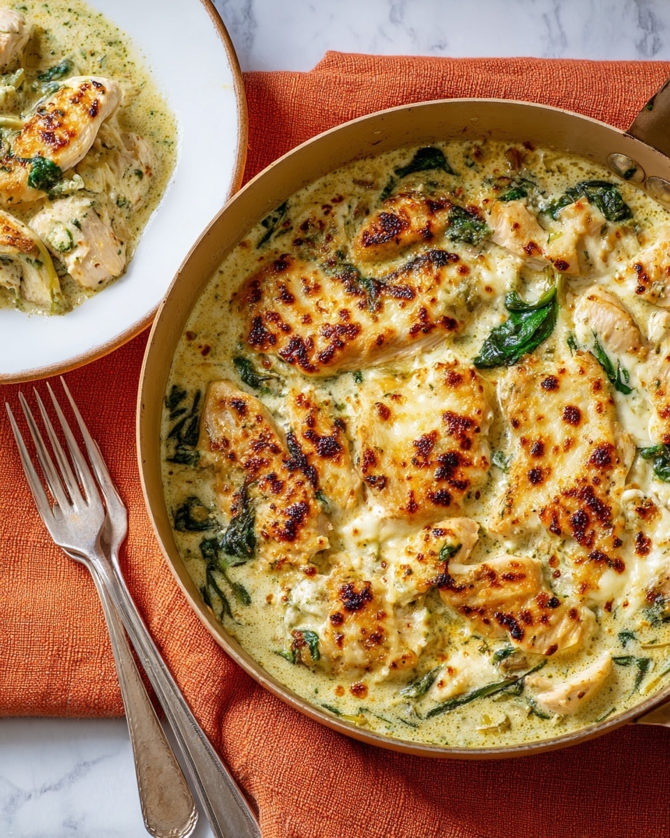 A close-up view of a round pan filled with a creamy, greenish-white sauce layered with cooked chicken pieces scattered throughout and wilted spinach leaves mixed in. The top layer is covered with browned, bubbly melted cheese, creating a textured, golden crust with spots of darker brown. Near the pan, there is a white plate holding a portion of the same dish, showing the cheesy top layer and some chicken in sauce. The pan rests on an orange cloth on a white marbled surface with a fork and knife beside the plate. Photo taken with an iphone --ar 4:5 --v 7