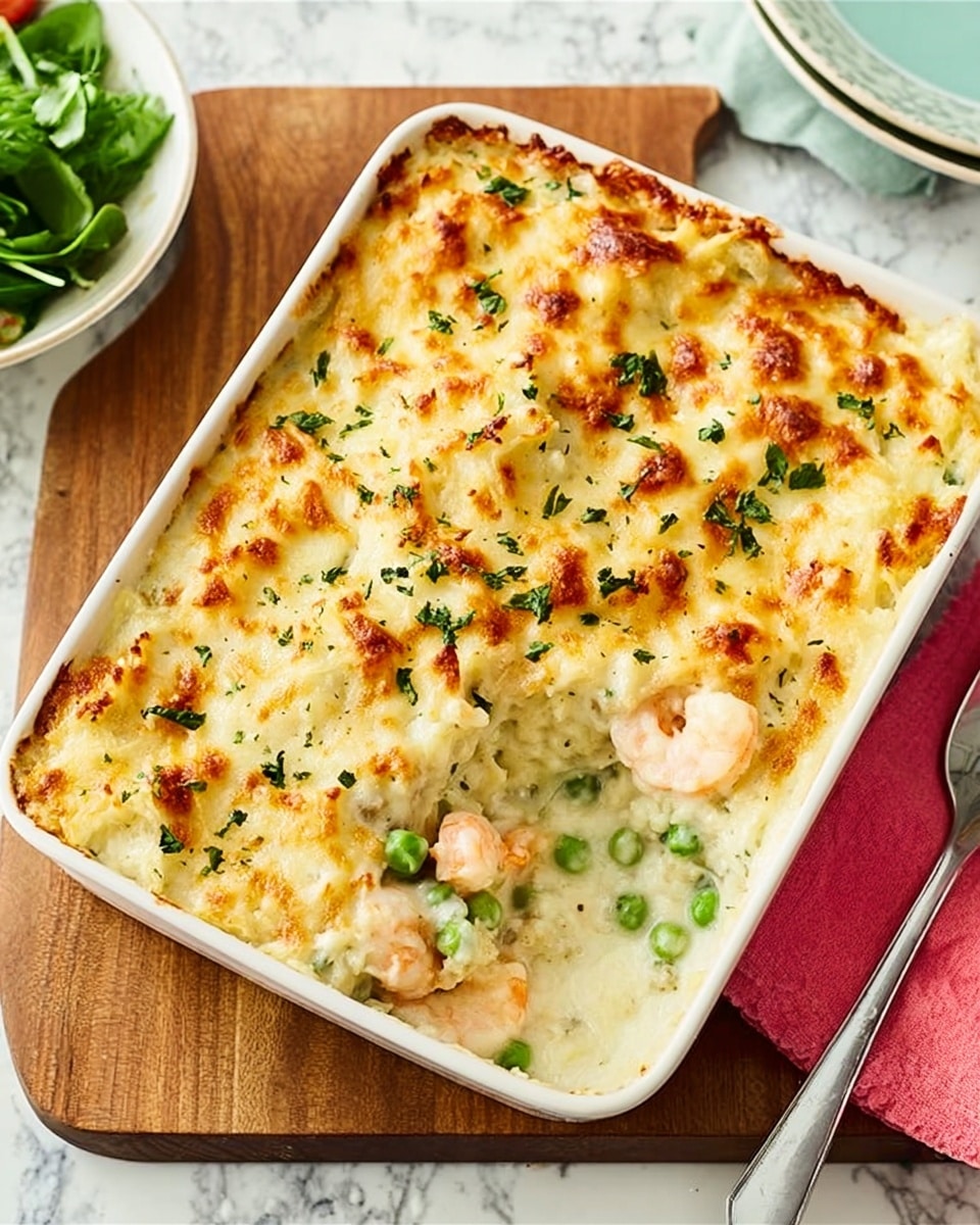 A rectangular white baking dish is filled with a creamy baked casserole that has a golden brown and bubbly cheese layer on top, with hints of slightly browned spots and green herbs scattered throughout. The top layer is textured with melted cheese that covers chunks of light pink shrimp and bits of green peas peeking through. Inside the dish, visible at the missing scoop area, there is a creamy white sauce mixed with peas and shrimp, showing a soft, rich texture. The dish is placed on a wooden board with a white marbled surface underneath, and a silver spoon resting nearby. A coral pink napkin and parts of white dishes filled with green leaves are also visible. Photo taken with an iphone --ar 4:5 --v 7