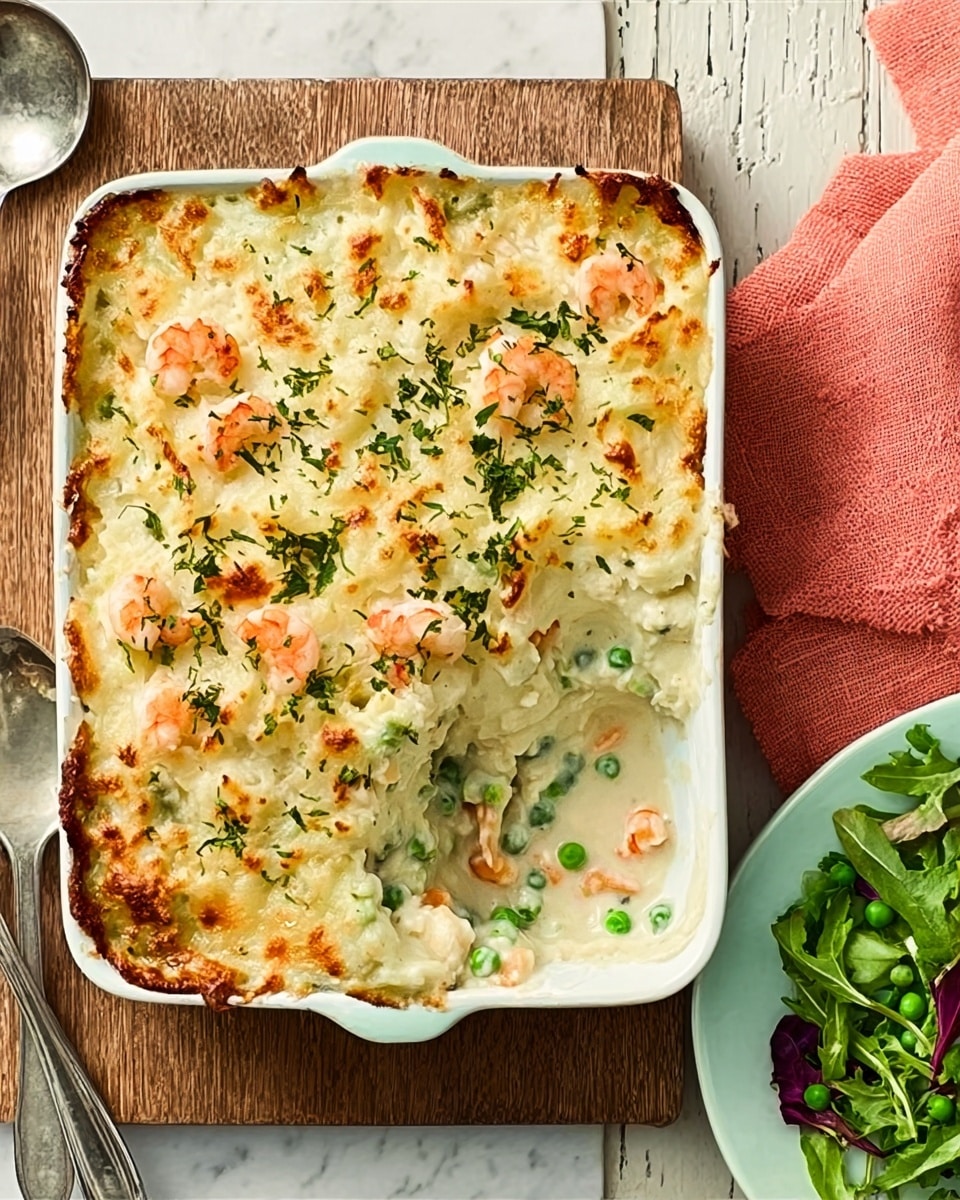 A white rectangular baking dish filled with a creamy seafood casserole, topped with a thick, golden-browned cheese layer speckled with green herbs and small orange shrimp pieces, the casserole showing a scoop taken out on one corner revealing a creamy white sauce with peas and chunks of seafood underneath. The dish is placed on a wooden board with a white marbled texture underneath, accompanied by a silver spoon on the left side and a plate with leafy green salad on the right, a coral cloth napkin partially visible near the top right corner. Photo taken with an iphone --ar 4:5 --v 7