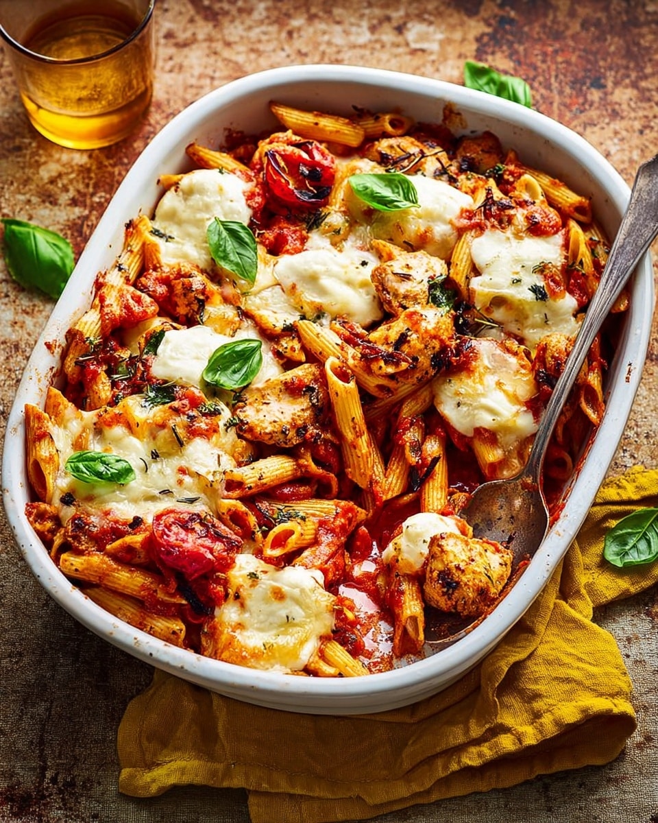 A white baking dish filled with baked penne pasta mixed with red tomato sauce, chunks of grilled chicken, and slices of roasted red vegetables. Large melted white cheese dollops sit on top, along with small fresh green basil leaves scattered around. A silver spoon rests inside the dish on the upper right side. The dish is placed on a rough textured surface with a yellow cloth underneath part of the dish and a glass of amber liquid beside it. photo taken with an iphone --ar 4:5 --v 7