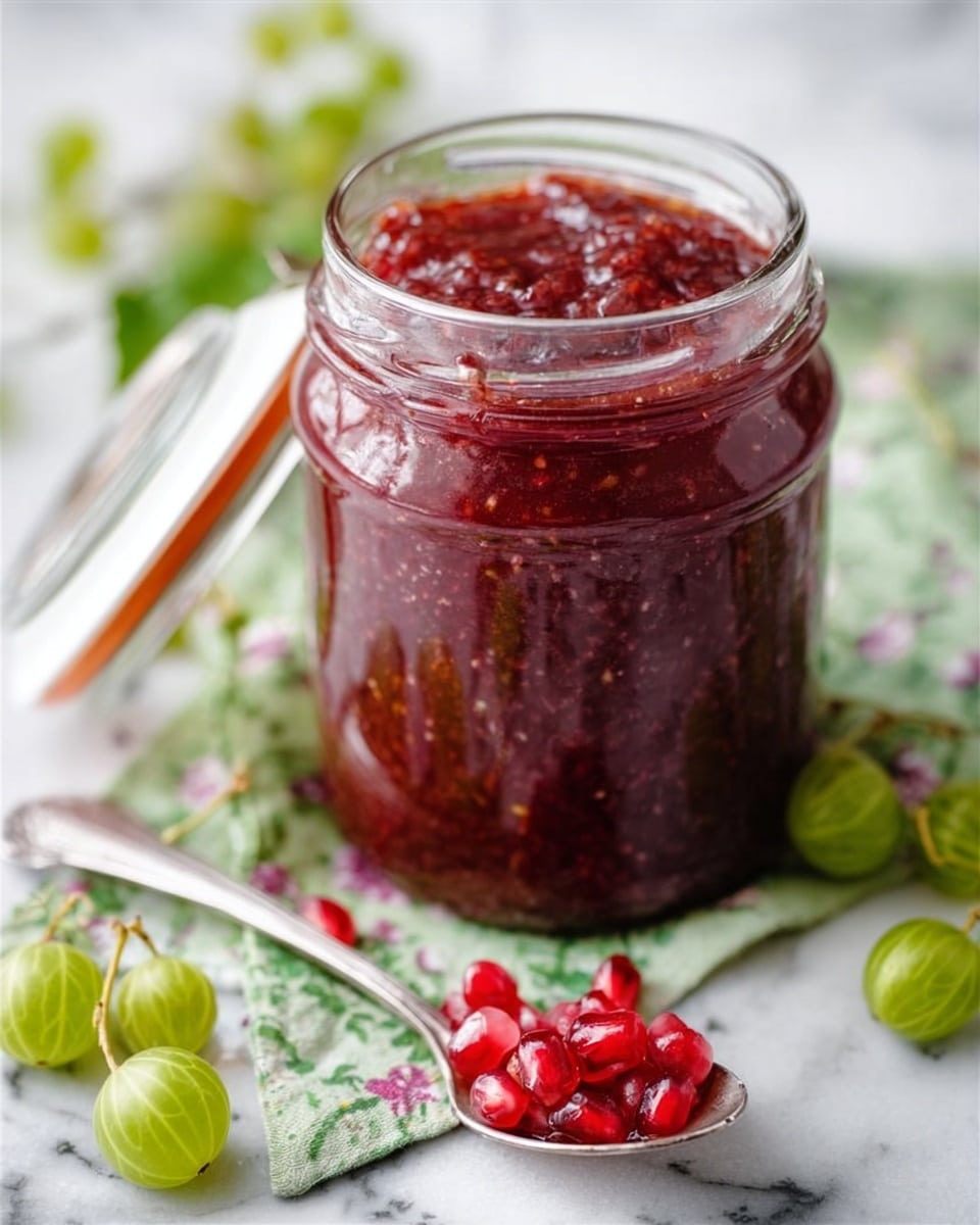A clear glass jar filled almost to the top with a thick, deep red jam, showing small seeds and bits of fruit inside, with the jar lid open and resting to the side. The jar sits on a white marbled surface covered partly by a green cloth with a floral pattern and some fresh green gooseberries scattered around. In front of the jar is a silver spoon with some jam and pomegranate seeds resting on it. The scene is softly lit with a fresh and natural look. photo taken with an iphone --ar 4:5 --v 7