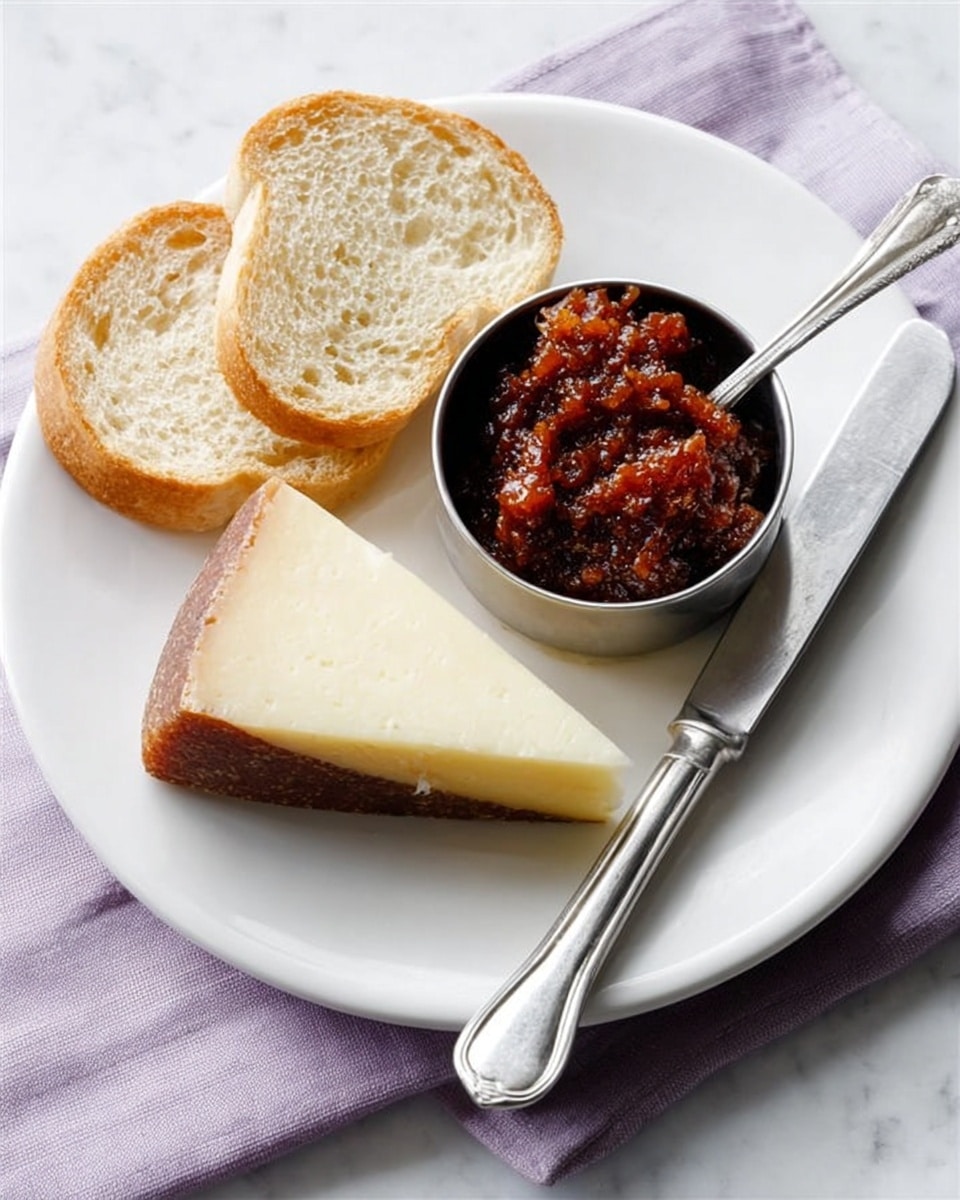 A white plate on a white marbled surface holds three main items: a thick slice of crusty bread with a light golden crust and soft, airy white inside on the upper left, a triangular wedge of cheese with a rough brown rind and smooth pale yellow inside at the bottom left, and a small metal bowl filled with dark red chunky chutney placed near the center right with a metal spoon resting in it. A butter knife with a dark handle lies across the plate behind the bowl, and a folded light purple cloth napkin is underneath the plate. Photo taken with an iphone --ar 4:5 --v 7
