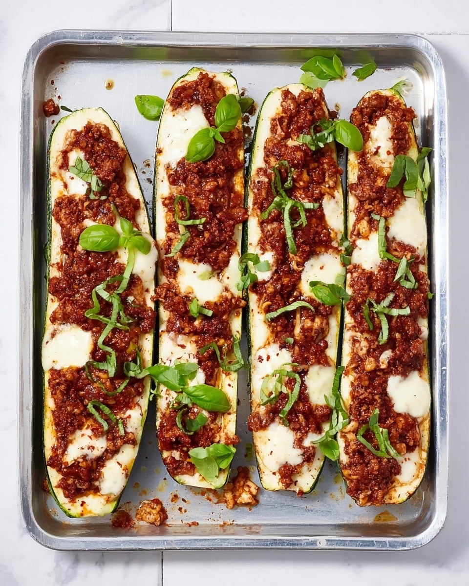 The image shows four zucchini halves arranged side by side on a large silver baking tray atop a white marbled surface. Each zucchini is hollowed out and filled with a reddish-brown chunky tomato sauce mixed with what looks like minced meat or finely chopped vegetables. On top of this layer, there are patches of melted white cheese that have browned slightly. Fresh green basil leaves are scattered uniformly across all the zucchini halves, adding a pop of color. The tray has some small spilled bits of sauce and cheese around the edges. photo taken with an iphone --ar 4:5 --v 7
