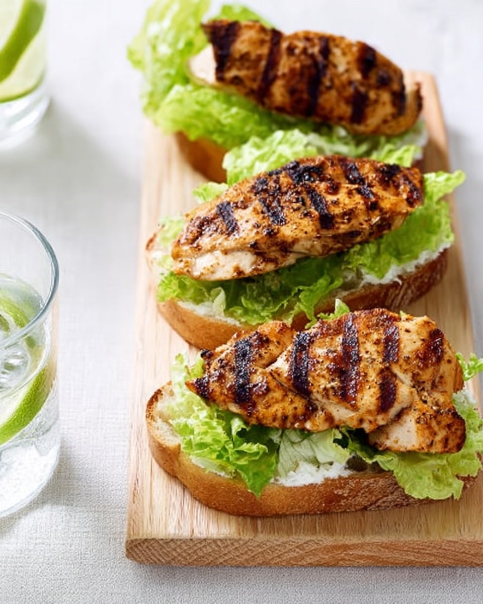Three open-faced grilled chicken sandwiches are placed in a row on a light wooden board, each with two layers. The bottom layer is a piece of white toasted bread with a light brown crust, topped with fresh green lettuce leaves that have a slight crinkle. The top layer is a well-grilled, golden-brown chicken breast with dark grill marks. The wooden board sits on a white marbled textured surface, and part of a transparent glass with lime and water is visible at the bottom left corner. Photo taken with an iphone --ar 4:5 --v 7