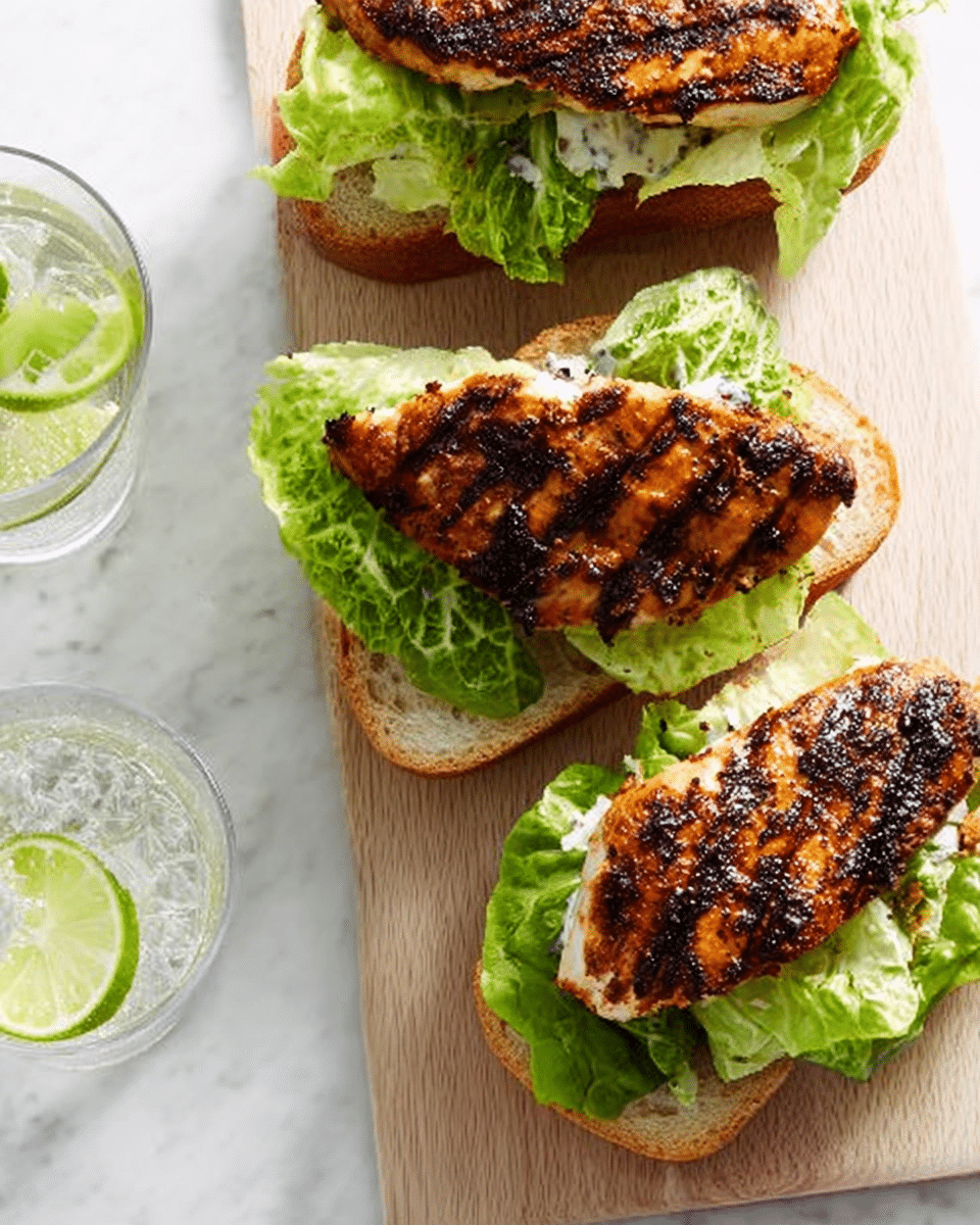 Three open chicken sandwiches are placed on a light wooden board over a white marbled surface. Each sandwich has one thick, grilled chicken breast with dark char marks on top, resting on fresh green lettuce leaves that are folded and slightly crisp. The bottom layer is a light brown, toasted bread slice, slightly rough in texture. To the side, there is a clear glass with a lime wedge and cold water on the white marbled surface. Photo taken with an iphone --ar 4:5 --v 7