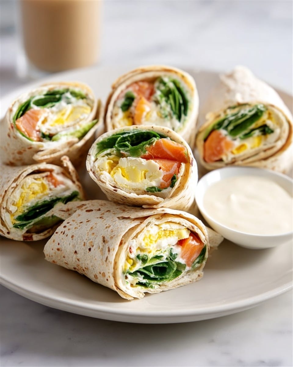 The image shows six wrap sandwiches cut in half and placed on a round white plate on a white marbled surface. Each wrap has three visible layers inside: a green leafy layer on the outer edge, a light yellow cooked egg layer in the center, and an orange smoked salmon layer nestled between the green leaves and egg. The tortillas are light beige with small brown seeds scattered throughout. A small white bowl of creamy white sauce sits beside the wraps on the plate. Photo taken with an iphone --ar 4:5 --v 7