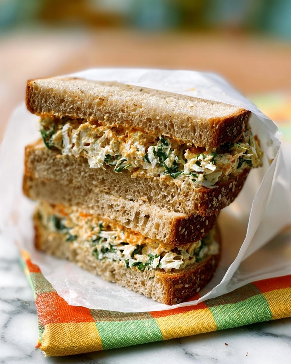 A close-up image of a sandwich cut in half and stacked, with two thick slices of light brown bread forming three layers. The top and bottom layers are soft and slightly grainy bread. The middle layer is filled with a mix of finely shredded white cheese and green herbs, giving a textured, leafy look. Below this, there is a spread with an orange tint that adds a creamy contrast. The sandwich is wrapped loosely in white paper, placed on a white marble surface over a colorful checkered cloth with green, yellow, and orange squares. Photo taken with an iphone --ar 4:5 --v 7