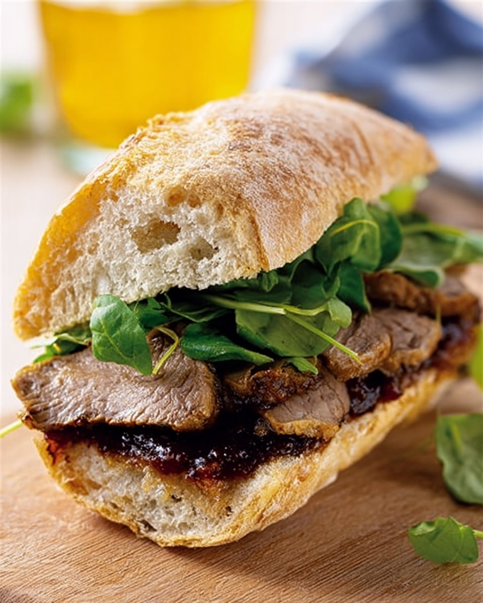 The image shows a sandwich with three main layers inside a slightly crusty, light brown ciabatta bread that has a soft inside. The bottom layer is a spread of dark reddish-brown sauce that looks thick and sticky. On top of this sauce, there are a few slices of cooked meat that are brown with a slightly crispy texture at the edges. Above the meat, there is a handful of fresh green leaves, which add a bright contrast to the colors. The sandwich sits on a light wood surface, and in the background, there is an out-of-focus yellow glass and some blue and white cloth. The photo is taken up close, capturing the sandwich’s textures clearly. Photo taken with an iphone --ar 4:5 --v 7