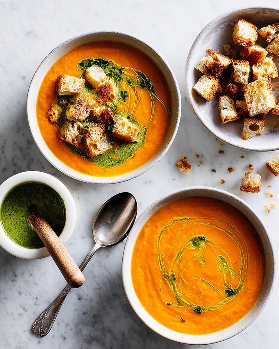 The image shows two white bowls of smooth, thick orange soup with a few swirls of green sauce on top for garnish; one bowl has chunks of toasted bread pieces added on the surface, giving rough texture, while the other bowl has just the soup with green sauce swirled in. To the top right, there is a smaller white bowl filled with more toasted bread pieces. A silver spoon lies between the bowls on a white marbled surface. Below to the left, there is a mortar with some green sauce and a wooden pestle inside. Crumbs from the bread are scattered on the surface near the bowls. photo taken with an iphone --ar 4:5 --v 7